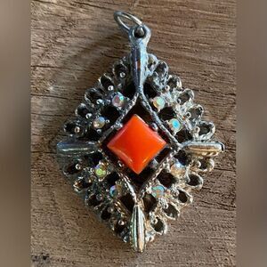 Vintage Women’s Pendant Silver Tone Diamond Shape Orange Enamel Rhinestones 2”